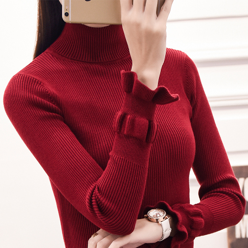 暖相随 2015韩版秋冬新款女装针织衫荷叶泡泡袖毛衣女