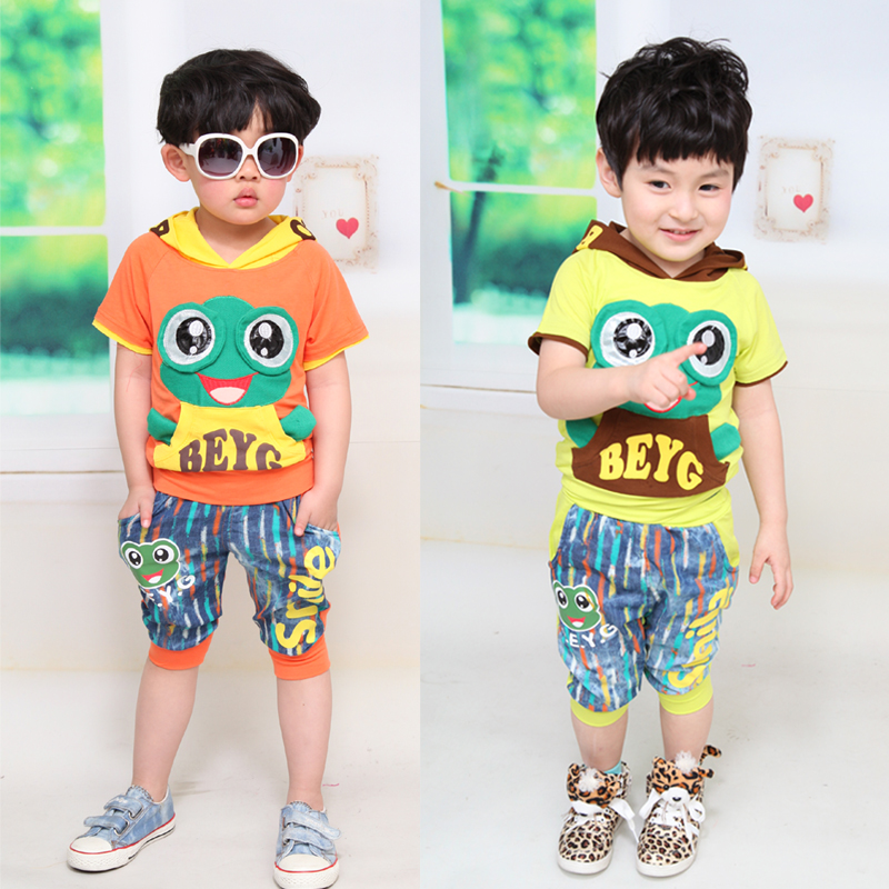 童装15夏装新款 男女儿童韩版青蛙短袖半袖卫衣套装 儿童六一园服