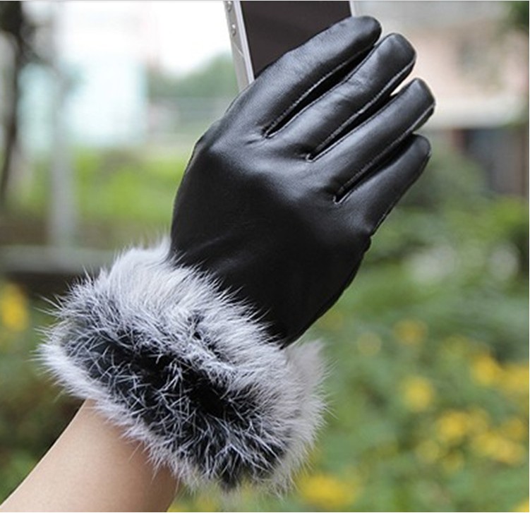 包邮冬季女士时尚可爱仿皮手套兔毛口女式加厚绒保暖防寒开车手套