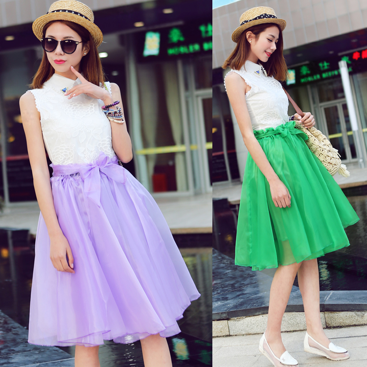 2015夏韩版新款女裙纯美紫色蓬蓬裙绿色半身裙女装中裙大摆裙包邮