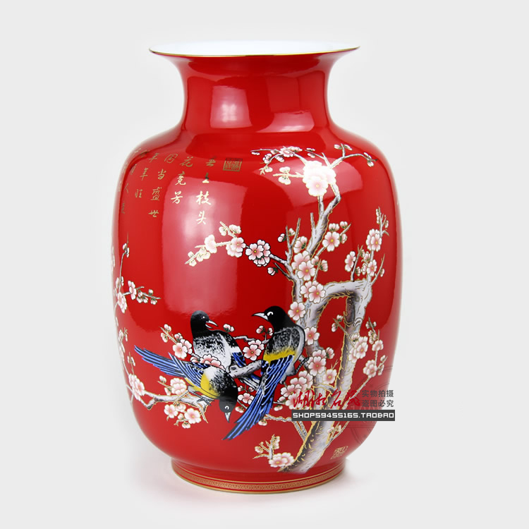 醴陵瓷器中国红瓷 喜上眉梢 鱼尾瓶 陶瓷 艺术花瓶 中秋送礼