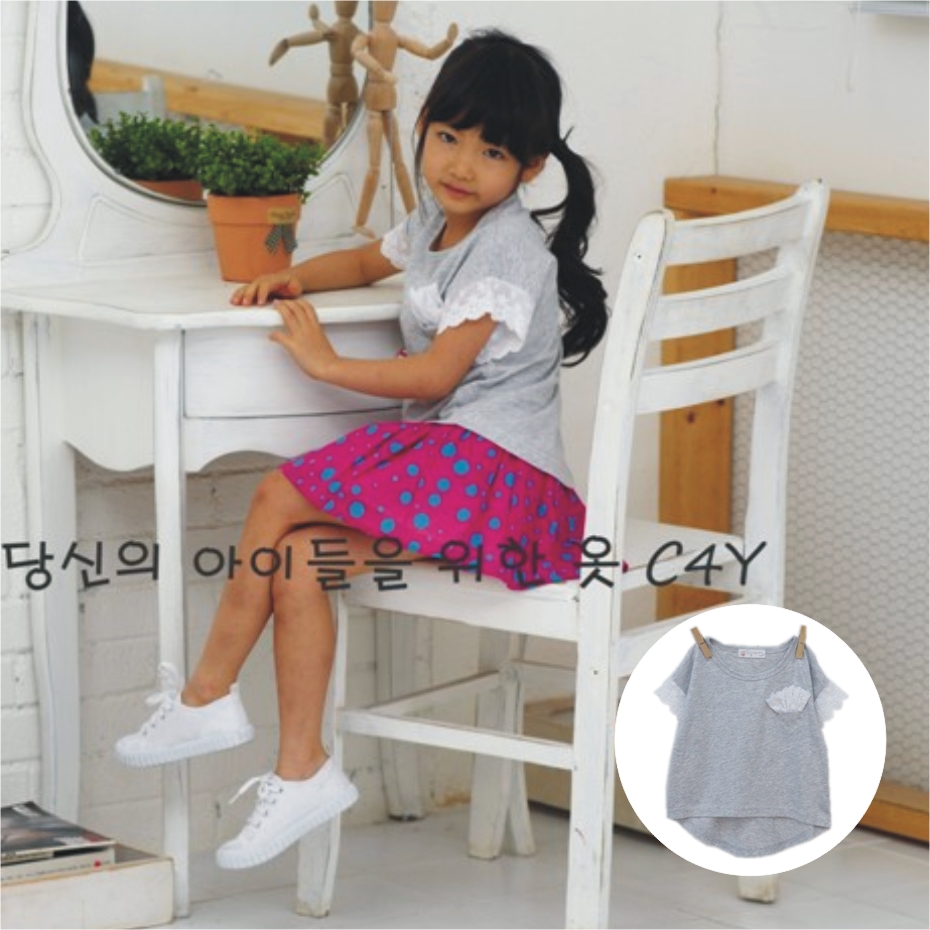 韩国C4Y童装 女童夏装纯棉花提边短袖前短后长宽松版T恤韩版
