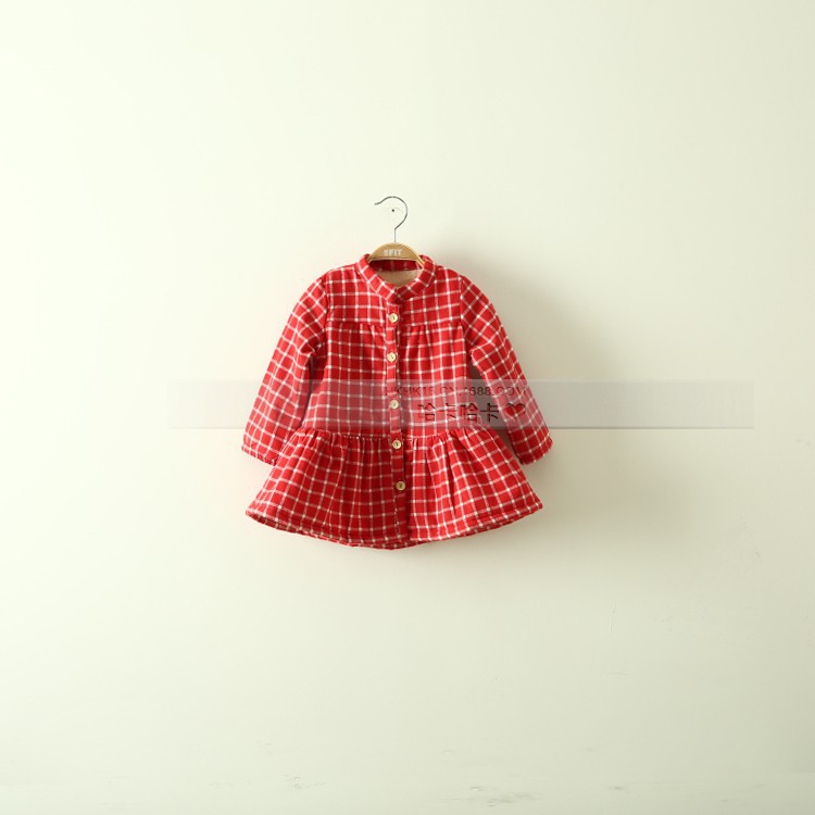 2014冬季爆款 韩版童装 女童红色 加绒 立领 格子 荷叶裙边连衣裙