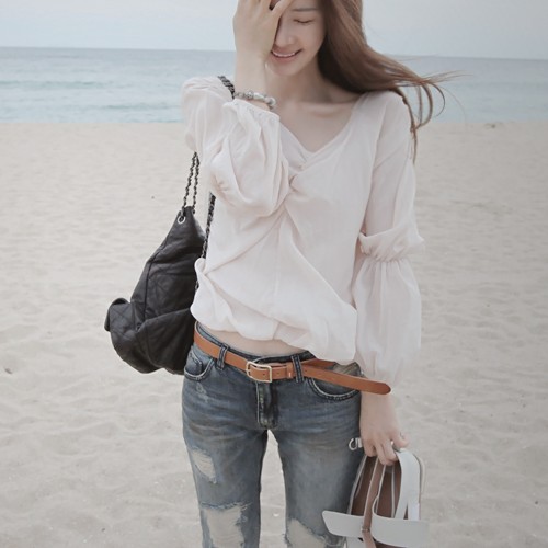 韩国代购2015春装新款女装 宽松百搭时尚V领套头衬衫打底衬衣上衣