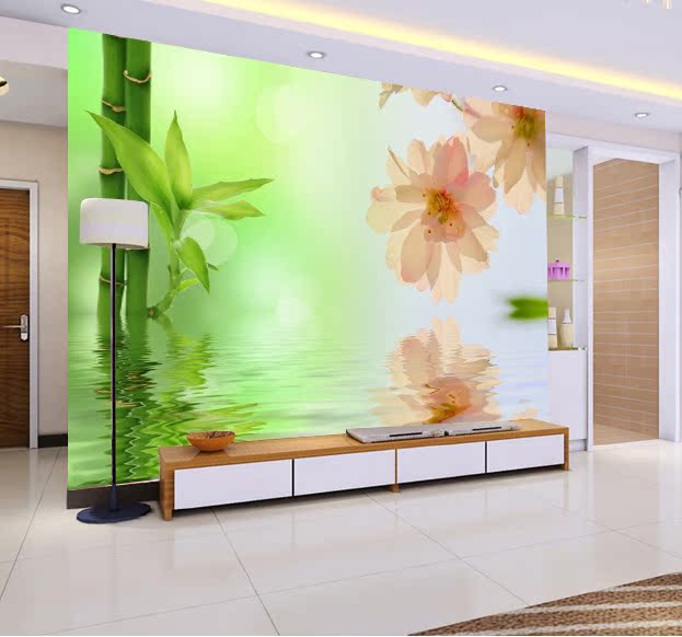 现代简约清新客厅电视背景墙壁纸画水冲钻上绿色竹子桃花无纺布