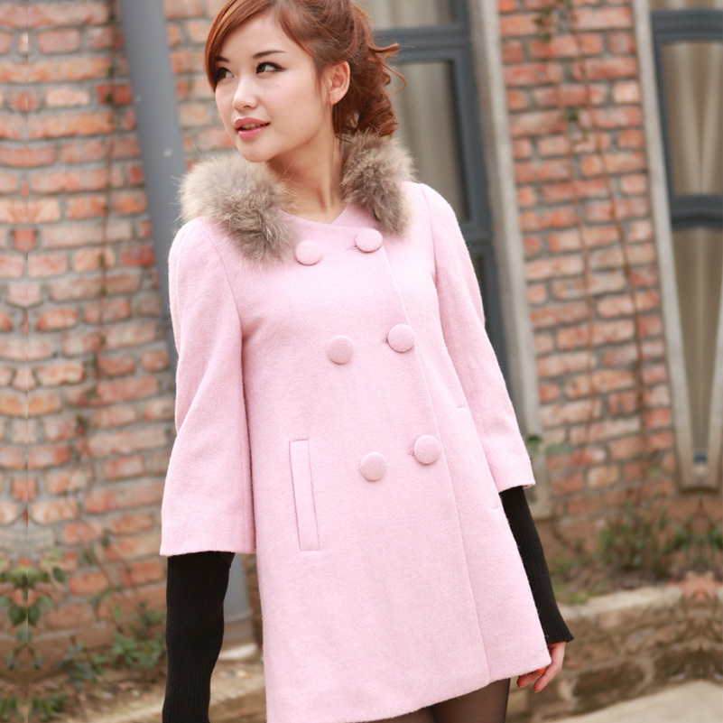 2013新款韩版女装狐狸毛领双排扣女中长款羊毛呢大衣外套