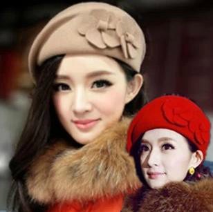 韩版可爱时尚双花春秋冬天贝雷帽羊毛呢帽鸭舌帽女帽子女英伦