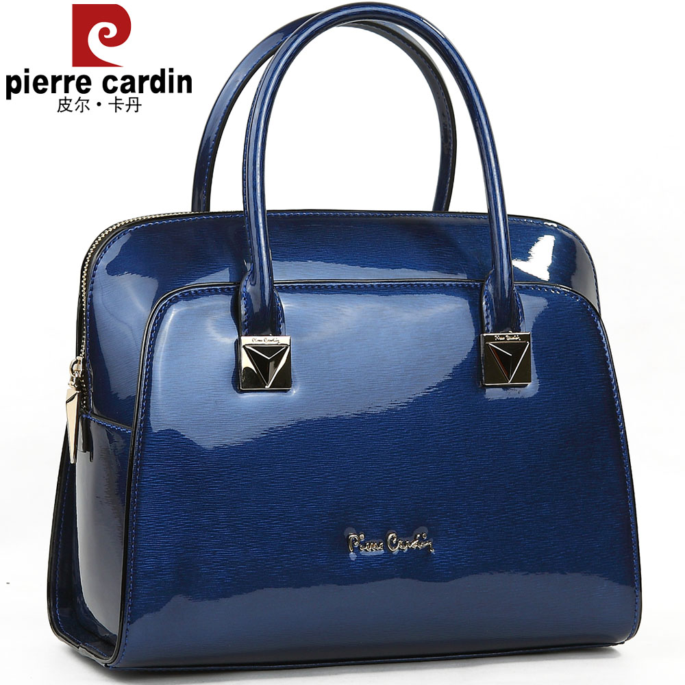 新款皮尔卡丹女包 正品蓝色女士漆皮时尚手提包 真皮时尚手拎包