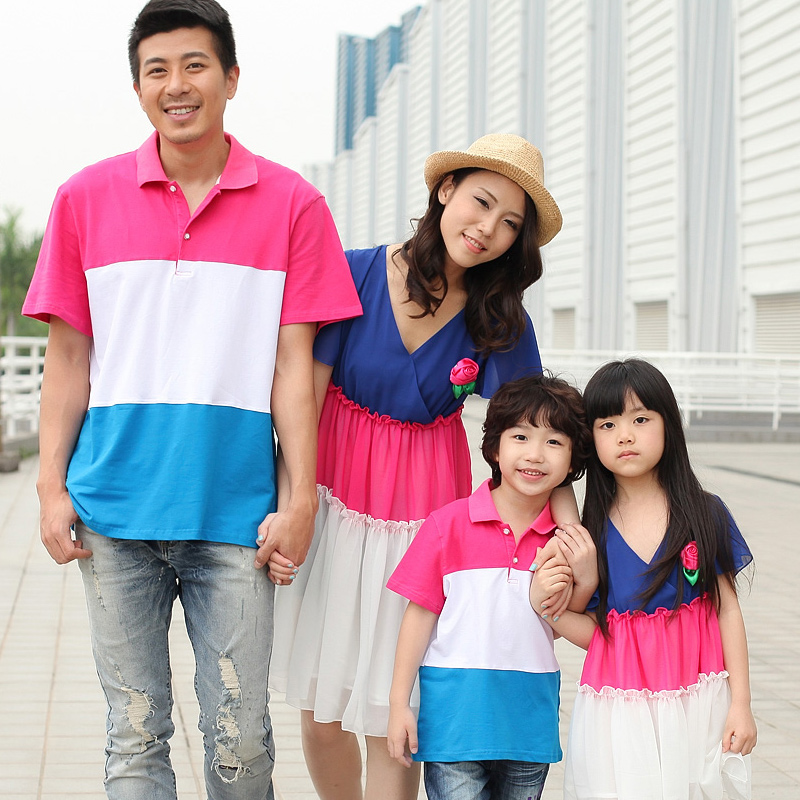 2014新款亲子装雪纺韩版连衣裙子夏装一家四口短袖T恤家庭装特价