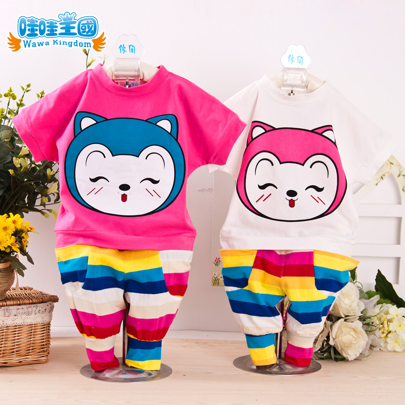 2016韩版时尚夏季儿童短袖套装可爱图案阿狸彩虹条纹裤子套装