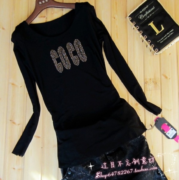 2013春秋装 韩版女士镶钻 加大码打底衫黑色时尚网纱宽松长袖t恤