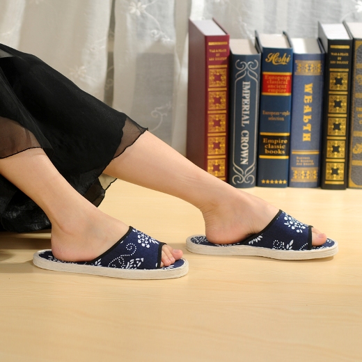 北京土布鞋蓝色印花女式布拖鞋包边缝制全棉布千层底居家