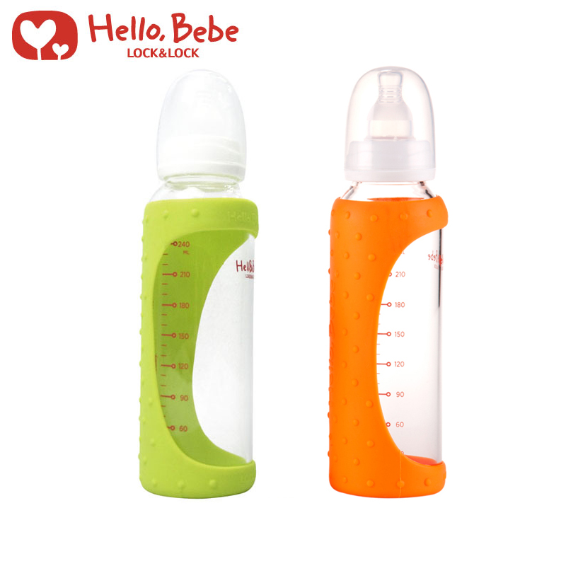 乐扣乐扣Hello Bebe标准口径玻璃奶瓶HBB104R/G 240ml (奶嘴进口)