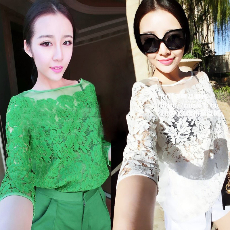 韩版2015夏季新款女装长袖欧根纱蕾丝镂空七分袖雪纺衫套装两件套