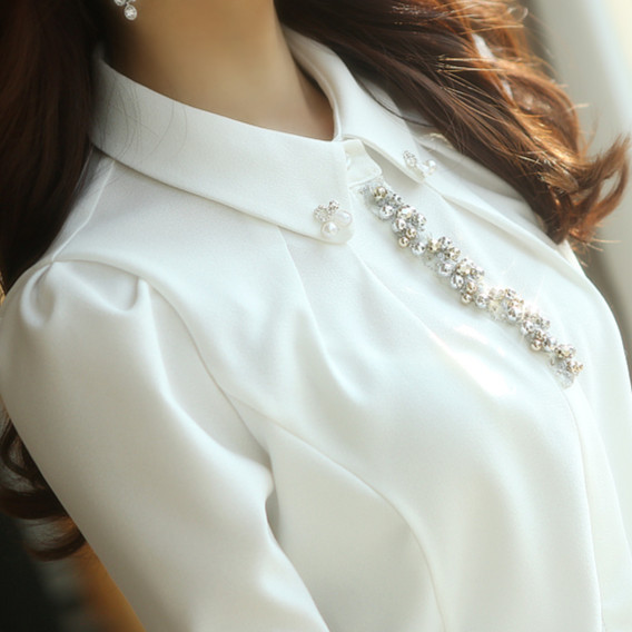 2015春秋新款韩版镶钻长袖白衬衫女 修身显瘦衬衣打底衫OL职业装