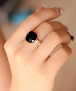 韩版时尚 晶莹剔透黑色锆石水晶戒指 女 韩国玫瑰金食指指环 18K