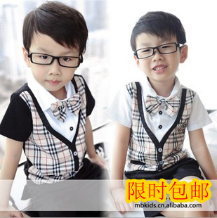 2015新款夏款男童套装儿童学院风休闲韩版三件套包邮