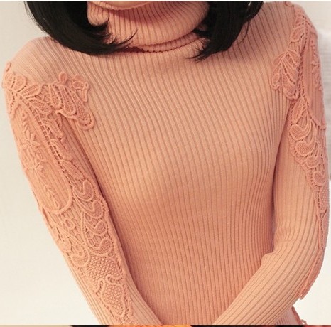 14秋冬新款毛衣 韩版女装中长版款气质蕾丝高领修身针织打底衫