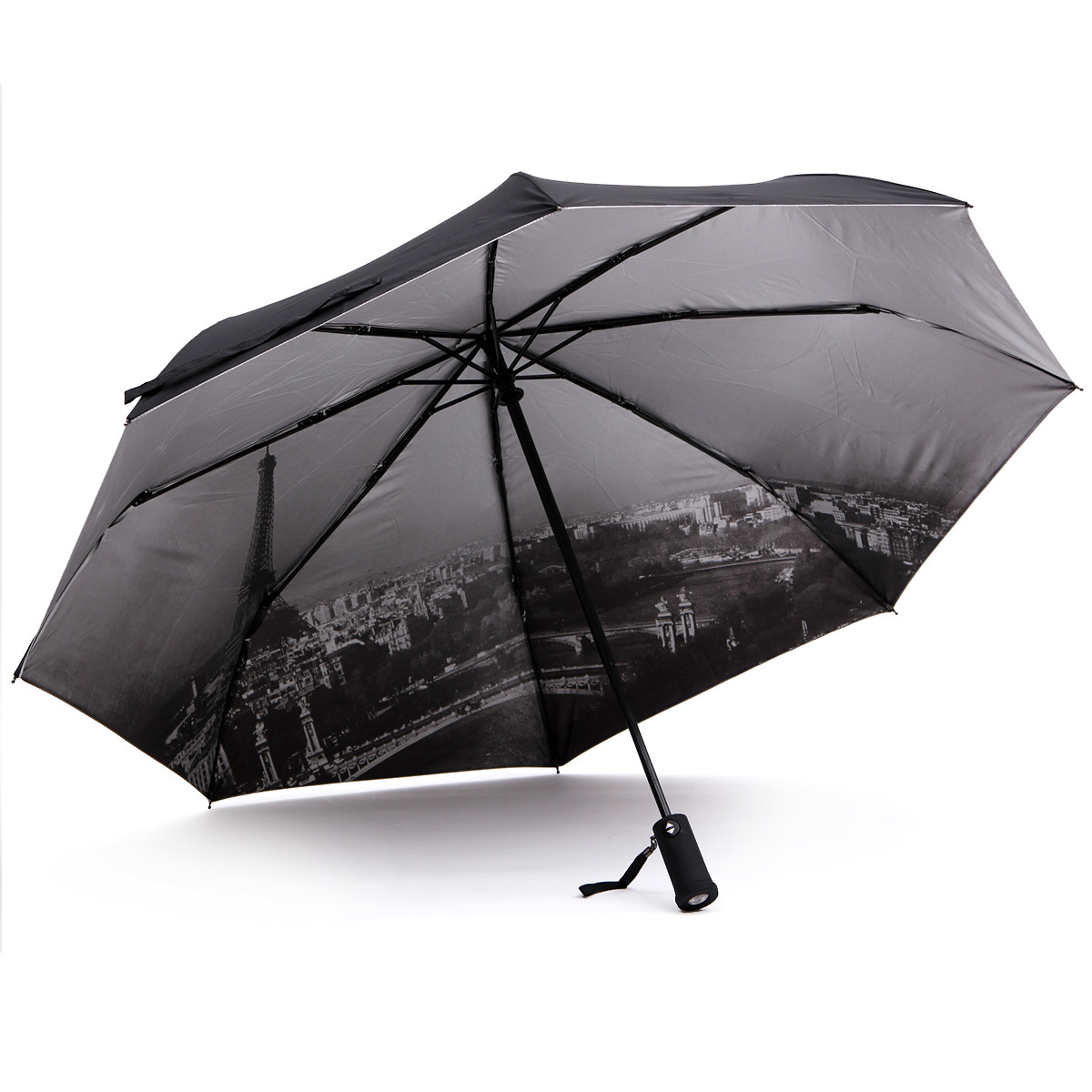 银胶防晒带手电筒全自动太阳伞遮阳伞创意三折叠晴雨伞