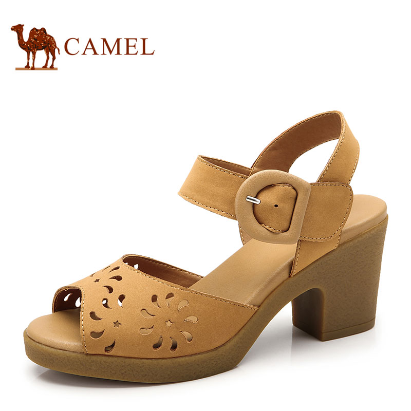 2015夏季女鞋camel骆驼女鞋正品鱼嘴头层牛皮真皮坡跟高跟女凉鞋