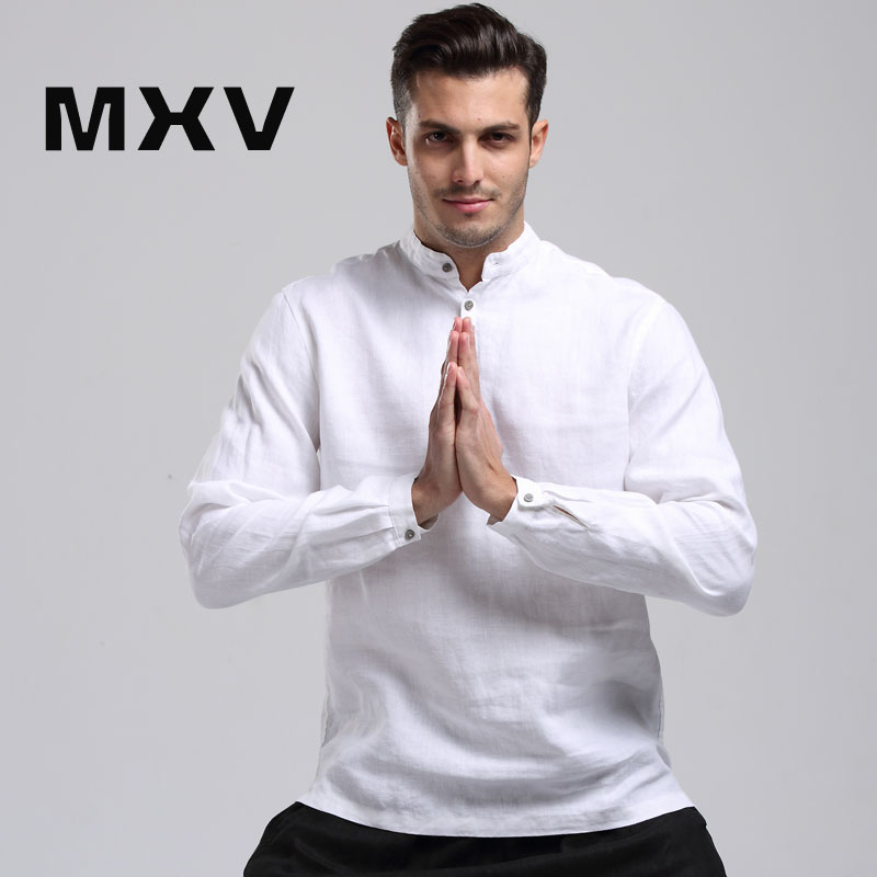 MXV亚麻长袖 男 宽松大码 白色套衫时尚休闲亚麻衬衫 立领 中国风