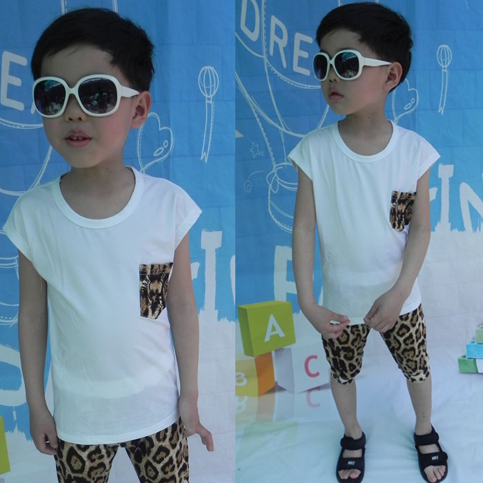 潮男童女童2015夏装韩版豹纹五分裤短袖T恤套装 童装夏季两件套装