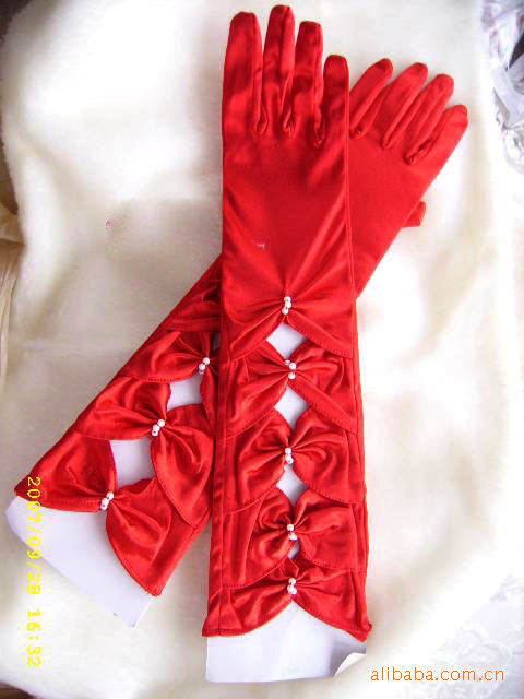 女童花童儿童婚纱礼服洋装公主裙演出服配饰大红色手套花长款手套