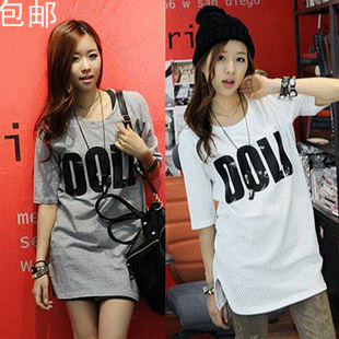潮韩国版新款女装短中袖t恤中长款大码宽松字母印花DOLL特价