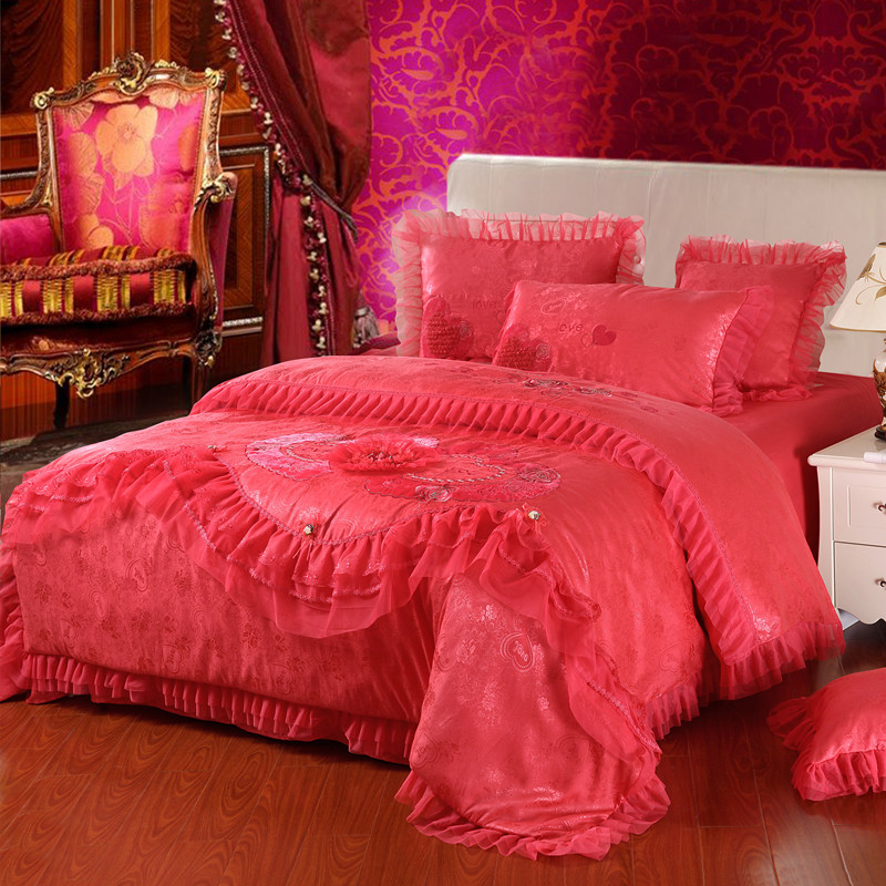 婚庆床品婚庆六件套结婚床上用品大红粉色蕾丝 婚庆四件套