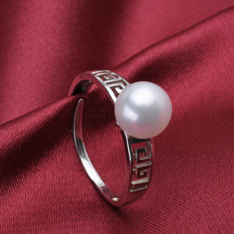 天然淡水珍珠戒指 7-8MM白色正圆 强光无瑕 925纯银可调节戒圈