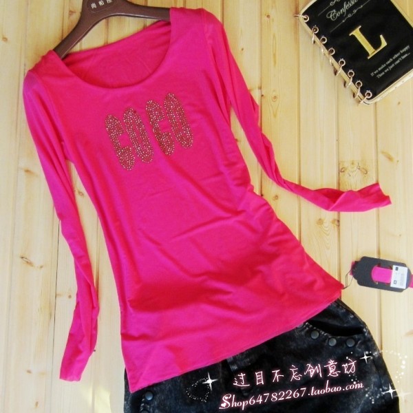 2013春装 新款女装 韩版中长款 大码打底衫 字母长袖带钻宽松t恤