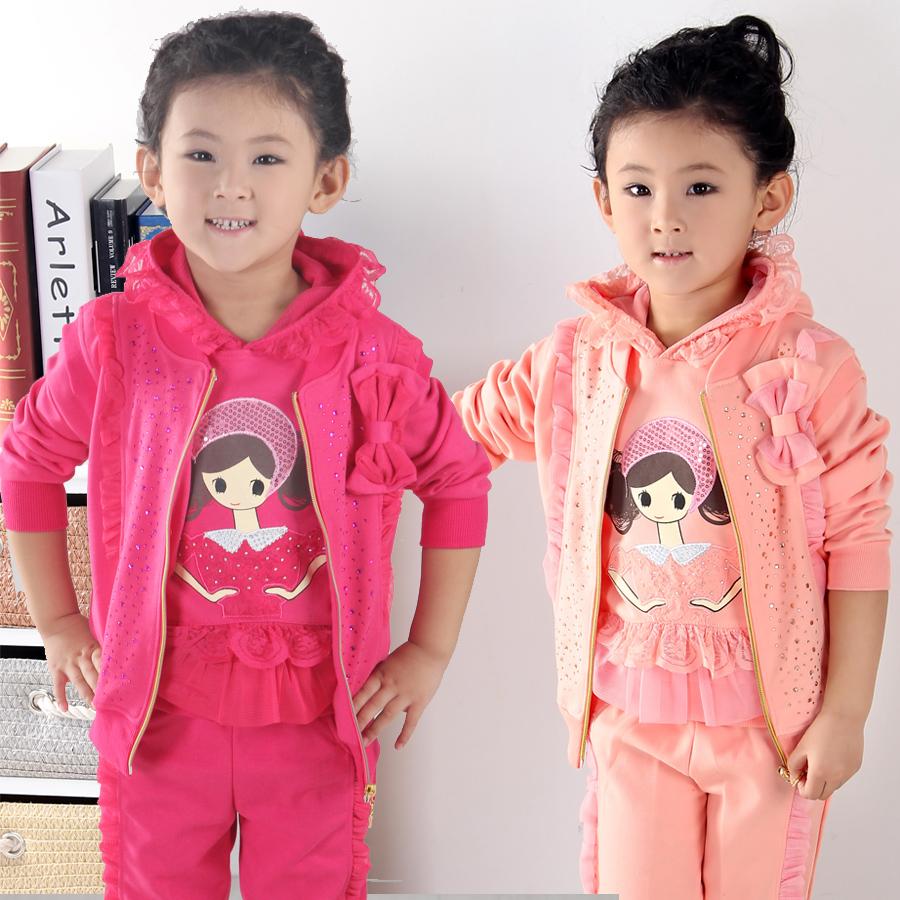 品牌韩版春秋儿童女童套装2014可爱甜美淑女蕾丝边公主三件套包邮