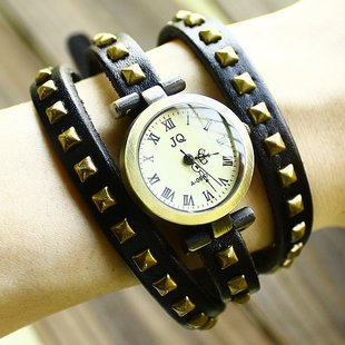 韩版朋克复古铜罗马数字皮带女士手表 长表带缠绕女表 柳钉手链表