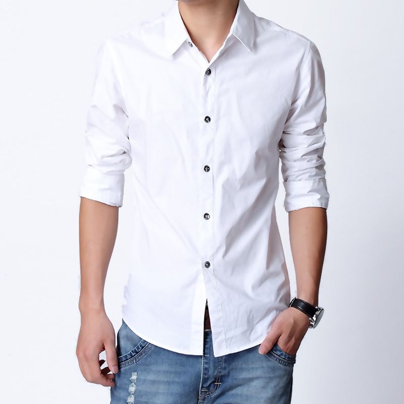 2015春装新款男士衬衫修身款休闲纯白色长袖衬衣免烫大牌男装上衣