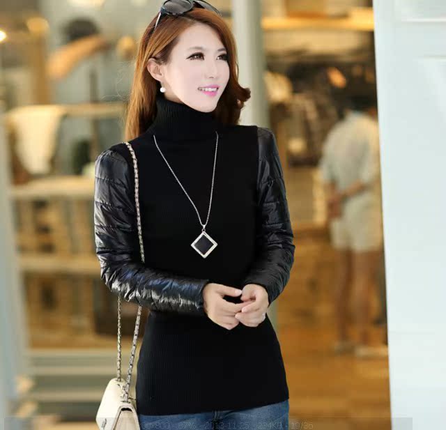 2014秋冬新款毛衣 韩版女装高领套头羽绒袖修身弹力拼接针织打底