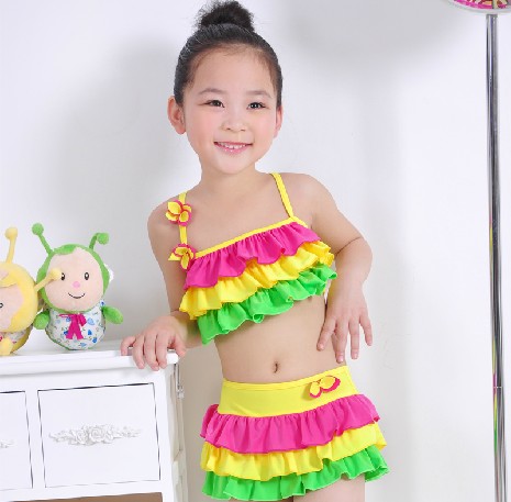 包邮新款韩版时尚可爱儿童彩虹蛋糕裙比基尼温泉分体游泳衣女