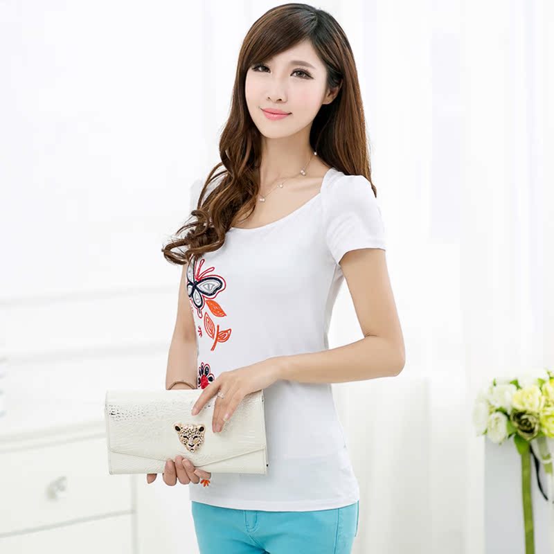 2014夏装新款女装韩版半袖白色上衣夏季修身民族风刺绣短袖女t恤