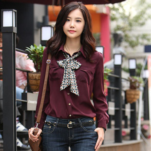 2014春装女装新款韩版雪纺衬衫品质休闲纯色长袖新款修身衬衣