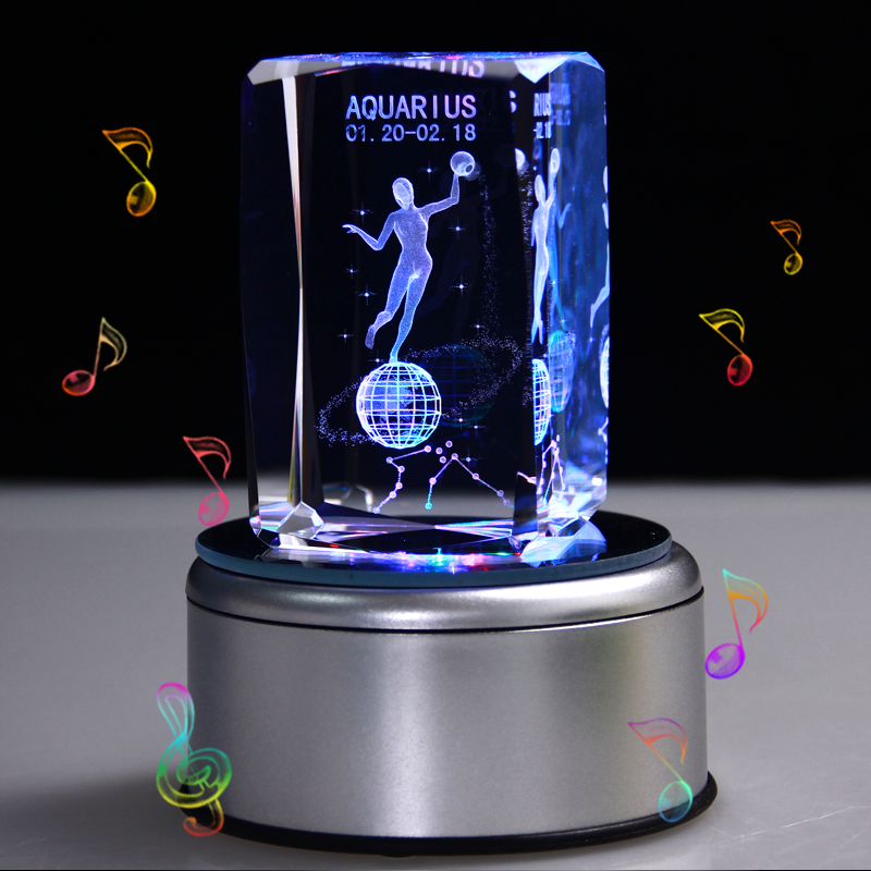 3D水瓶座 3D星座旋转发光水晶 定制摆件 星座礼物 生日水晶音乐盒