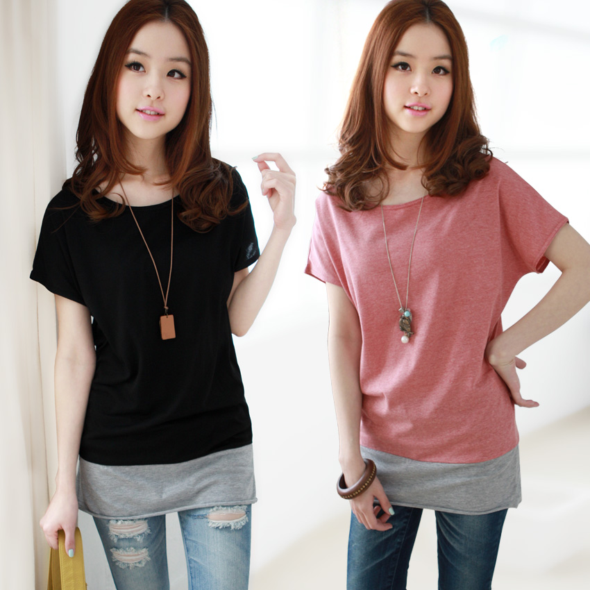 2014夏装韩版女装大码圆领t恤中长款假两件短袖t恤女女式t恤包邮