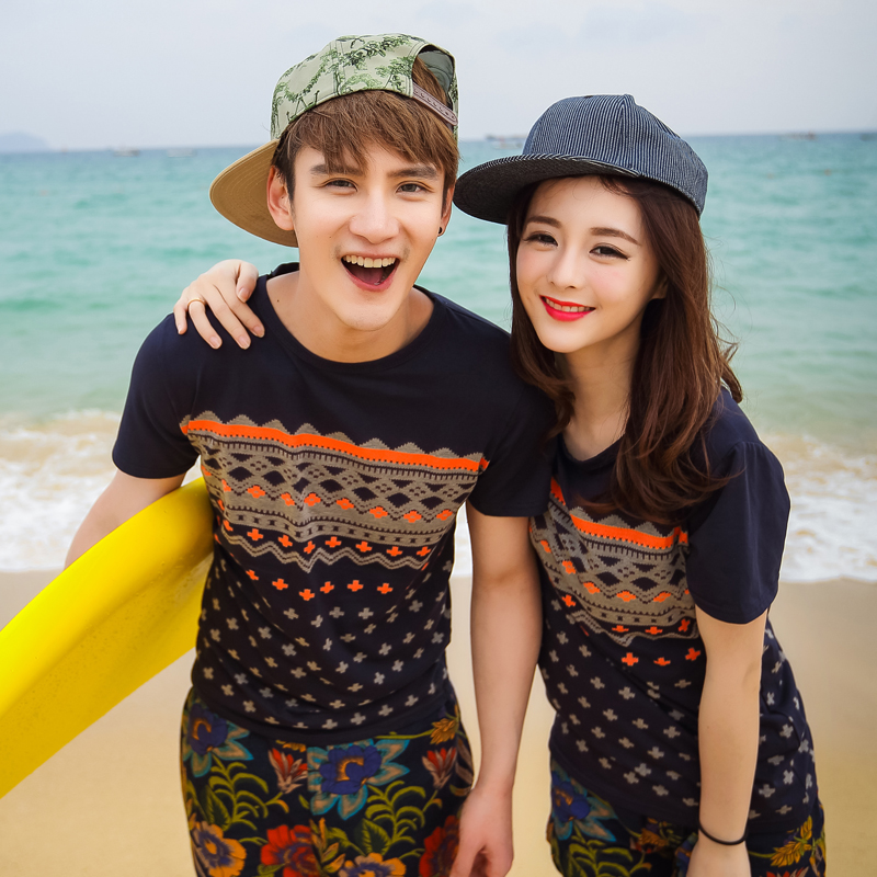 情侣装夏装新款2015韩版修身海滩袖t恤衫条纹半袖打底衫潮班服