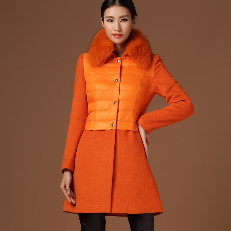 原创设计 欧洲站2013冬装新品女装 羽绒服拼接羊毛呢外套呢大衣女