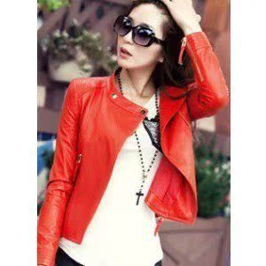 特价2015新款女装韩版短款修身帅气显瘦桔红色甜美优雅小皮衣外套