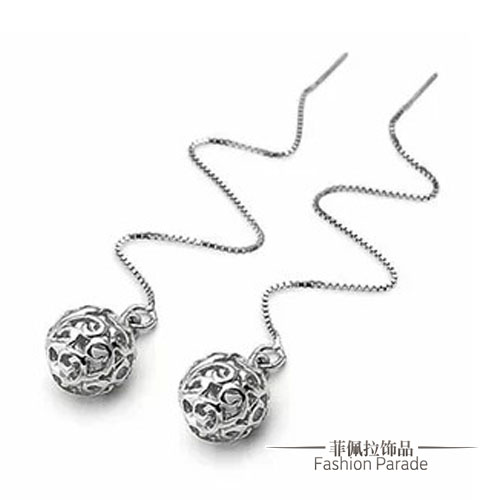 925纯银耳环 镂空玲珑球耳线女款 韩国时尚超长款耳饰品 礼品包邮