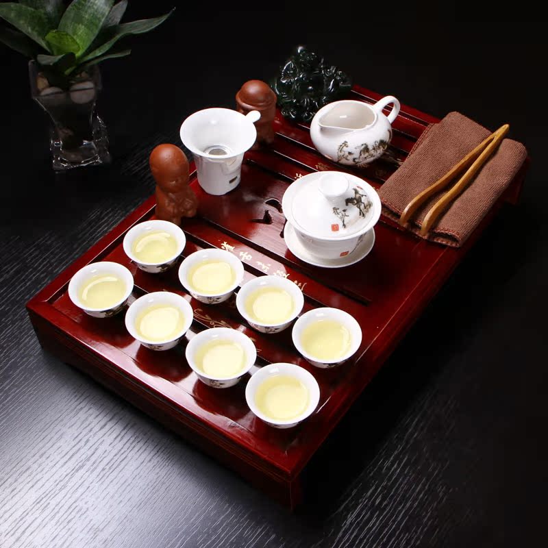 郑欣 陶瓷 玉白瓷茶具实木茶盘茶具茶盘套装 功夫茶具 整套茶具