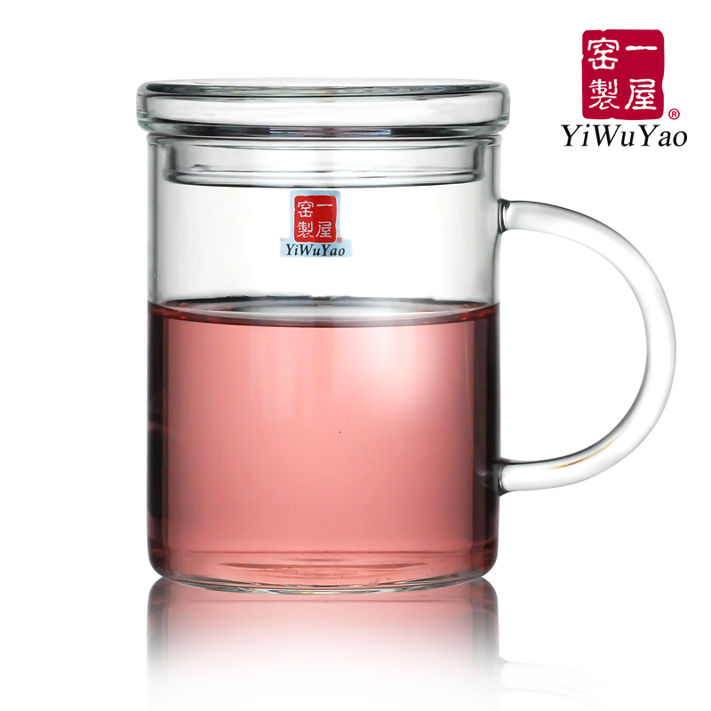 一屋窑耐热透明玻璃水杯花茶杯 带盖办公杯家用喝水杯子喝茶杯