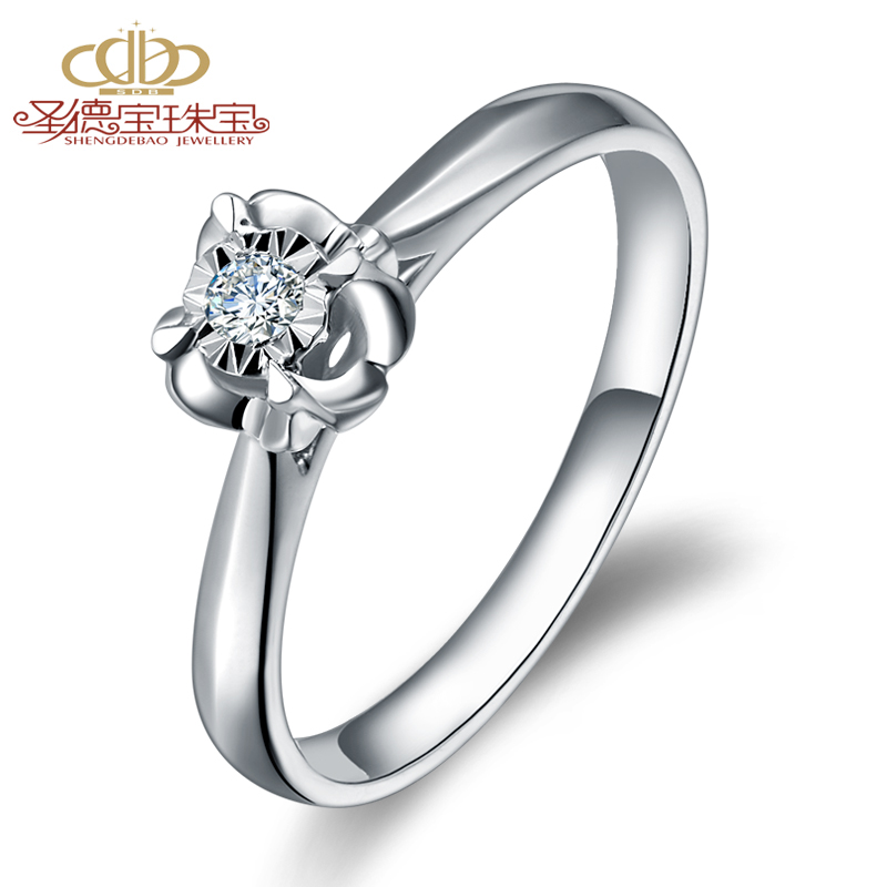 圣德宝 18K白金克拉钻戒超显钻效果钻石结婚戒指简单大方-花绽放