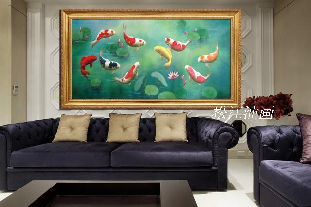 家居风水手绘高档有框画九鲤鱼动物油画客厅横幅年年有鱼挂画