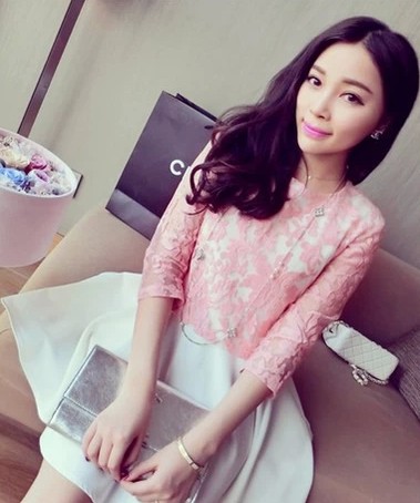 2014春装新款 韩版假两件七分袖蕾丝拼接收腰连衣裙女 裙子 甜美