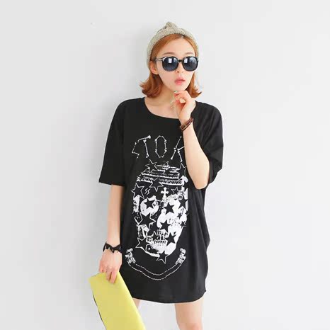 2014夏季韩国东大门新款女装 中长款宽松版骷髅印花短袖t恤802#